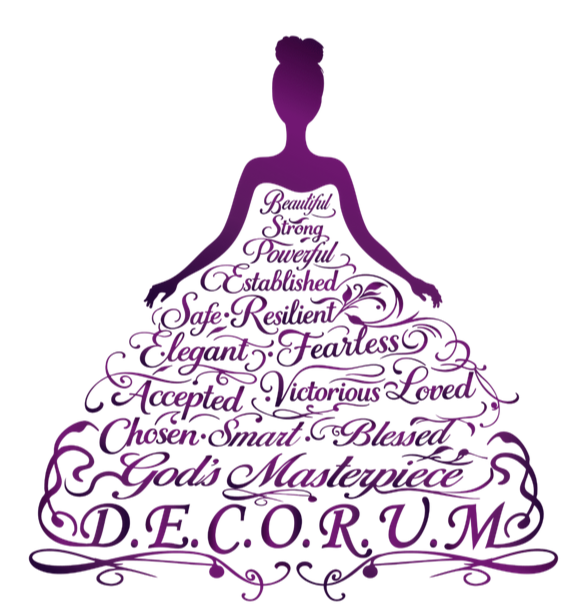 DECORUM logo - purple gown with the words Beautiful, Strong, Powerful, God's Masterpiece